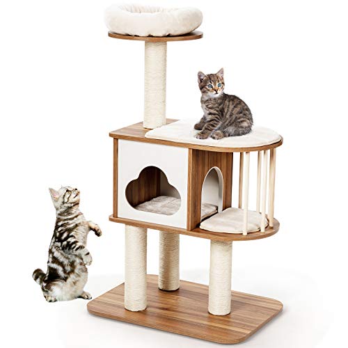 Modern Cat Tree - 46 Inches, Scratching Posts, Washable Cushions, Wooden Cat Condo (Natural)