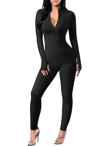 Ribbed Long Sleeve Zip Front Yoga Jumpsuit