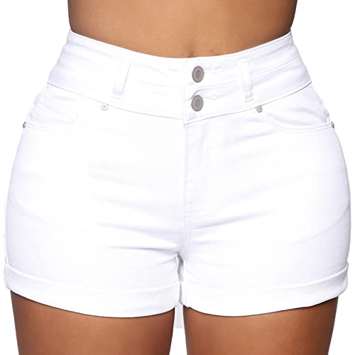 High Waisted Stretchy Denim Shorts (White)