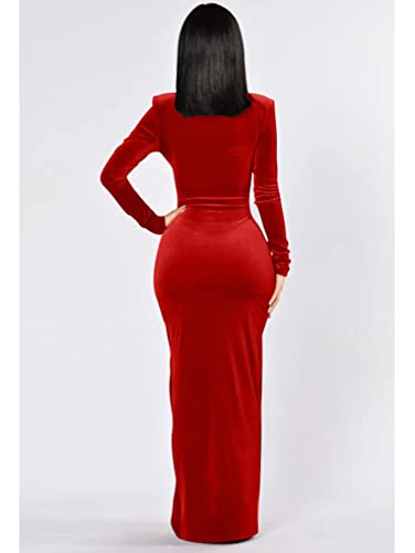 Women's Sexy Velvet Maxi Dress, Red, Deep V Neck, High Slit