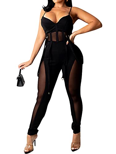 Sexy Spaghetti Strap Mesh Patchwork Jumpsuit