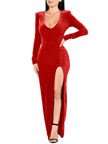 Women's Sexy Velvet Maxi Dress, Red, Deep V Neck, High Slit