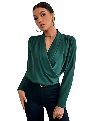 Long Sleeve V-Neck Wrap Blouse (Dark Green)