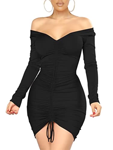 Sexy Off-Shoulder Ruched Mini Dress, Long Sleeve