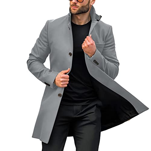 Mens Trench Coat Slim Fit Stand Collar Single Breasted Long Coat Jacket