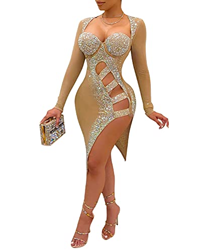 Hot Drilling Long Sleeve Bodycon Club Dress (Beige) - The Superstacks