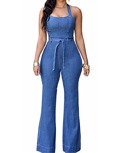 Halter Lace-Up Denim Jumpsuit