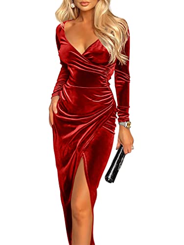Women's Sexy Velvet Maxi Dress, Red, V Neck