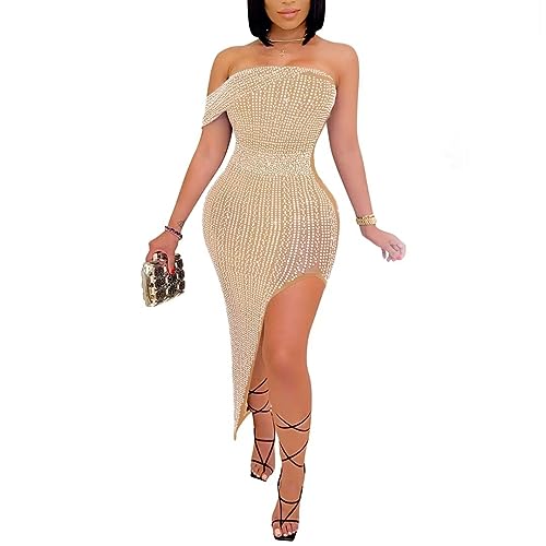 One Shoulder Rhinestone Mesh Dress - The Superstacks