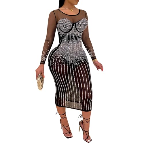 Black Rhinestone Party Dress, Long Sleeve