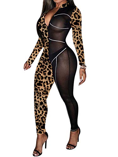 Deep V Neck Leopard Printed Bodycon Jumpsuit