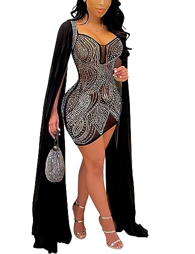 Glitter Rhinestone Cape Sleeve Mini Dress - The Superstacks