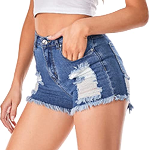 High Waist Ripped Hole Denim Shorts (Royal Blue)