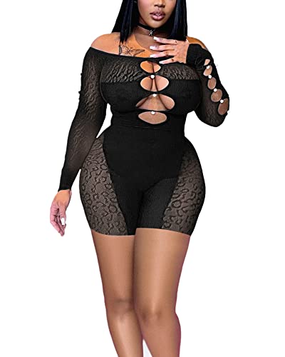 Off Shoulder Leopard Mesh Jumpsuit