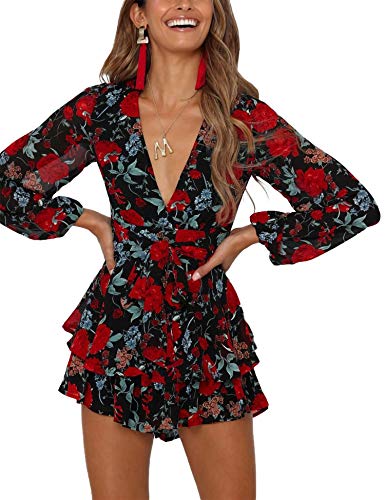 Summer Floral Print Romper with Deep V-Neck