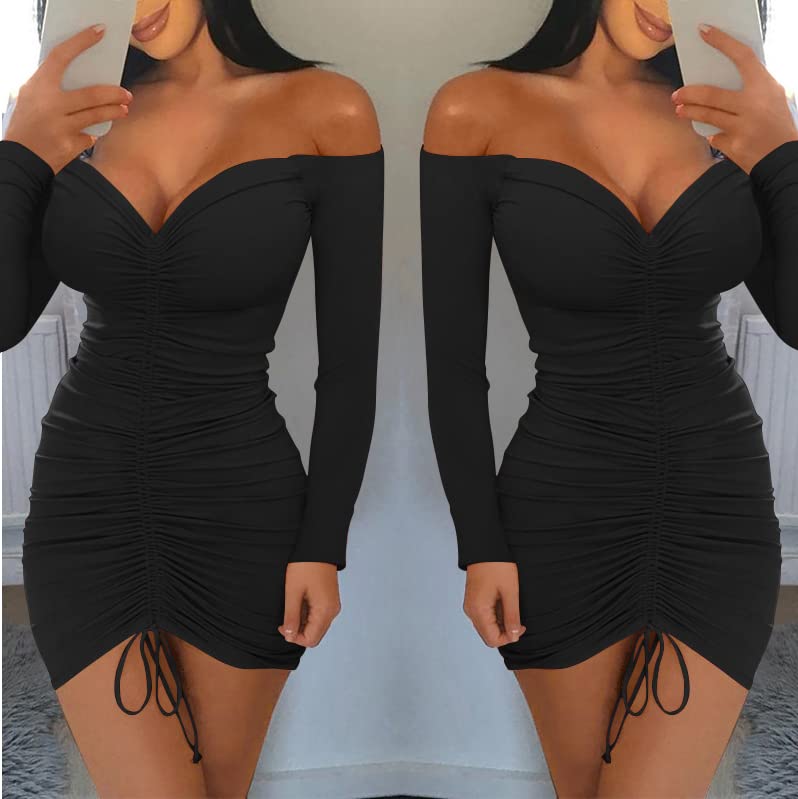 Sexy Off-Shoulder Ruched Mini Dress, Long Sleeve