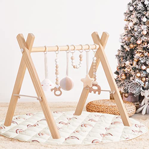 Wooden Baby Gym with 6 Baby Toys, Foldable Baby Play Gym with Rainbow Round Mat, Play Gym Frame Activity Gym Hanging Bar, Baby Gym Activity Center for Newborn, Gift Baby Girl and Boy Gym