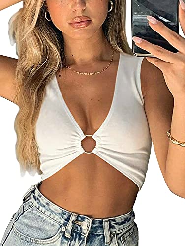 Sleeveless Deep V Crop Top: Sexy White Workout,