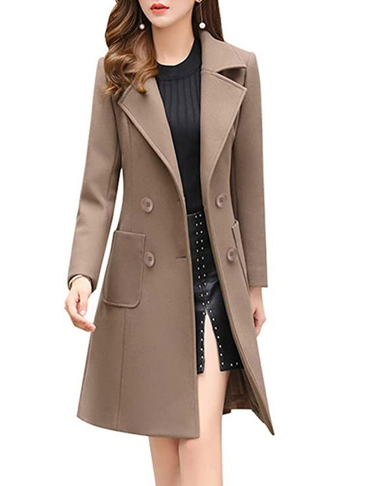 Women's Camel Wool Blend Coat, Mid-Long, Double-Breasted