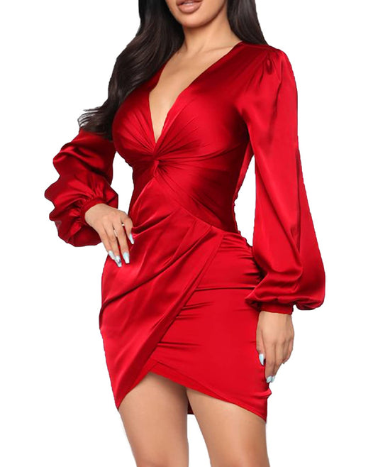 Women's Ruched Body Midi Dress, Red, V Neck