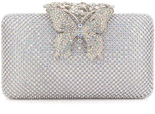 Crystal Butterfly Clasp Clutch, AB Silver