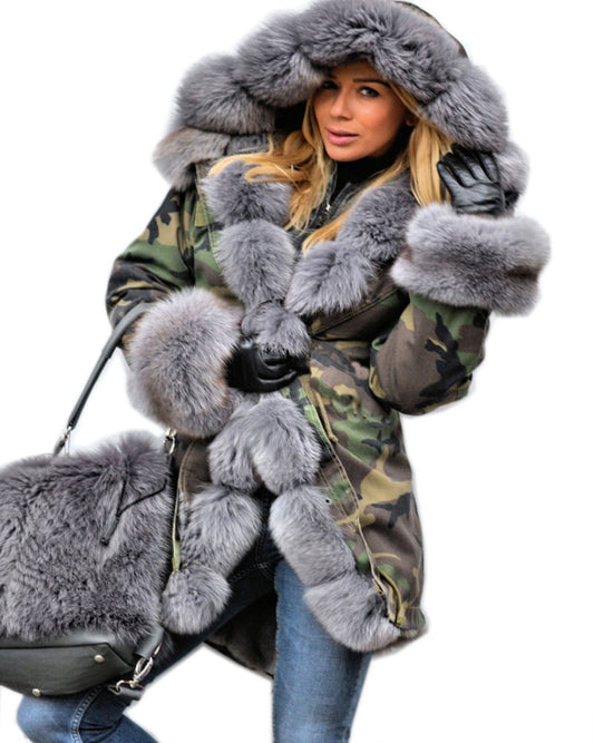 Women's Hooded Winter Coat, Green Camo with Grey Faux Fur