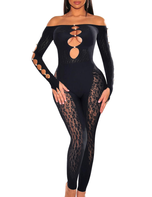 Women's Sexy See Through Off Shoulder Mesh Long Sleeve Cut Out Jumpsuit