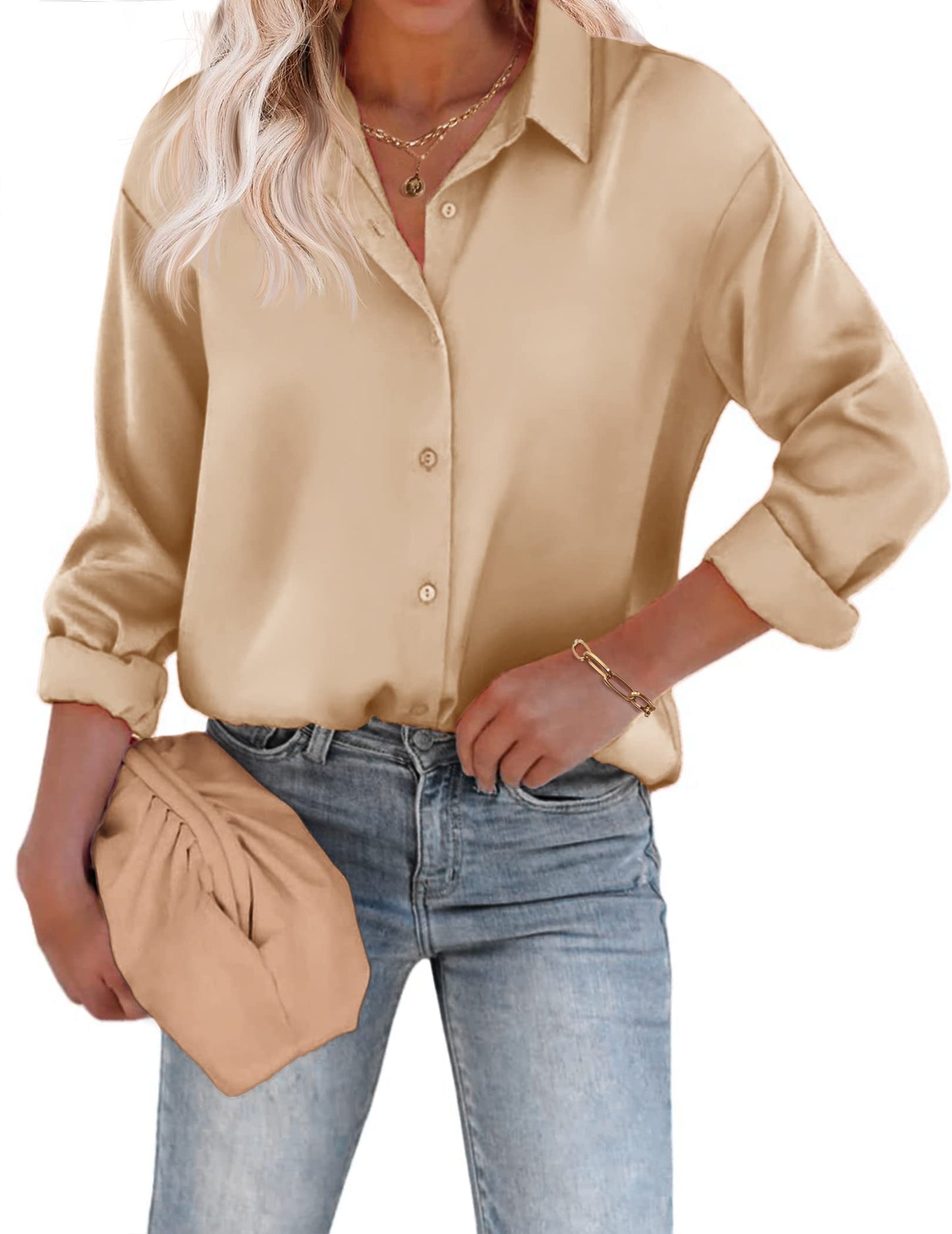 Light Khaki Silk Button-Down Business Blouse