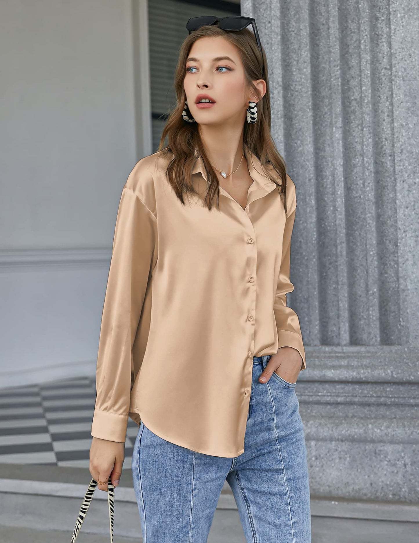 Light Khaki Silk Button-Down Business Blouse