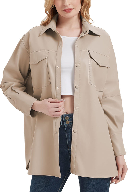 Women's Vegan Leather Shacket, Beige