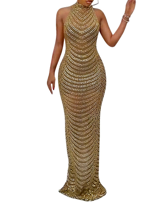 PORRCEY Hot Drilling Party Dress, Gold