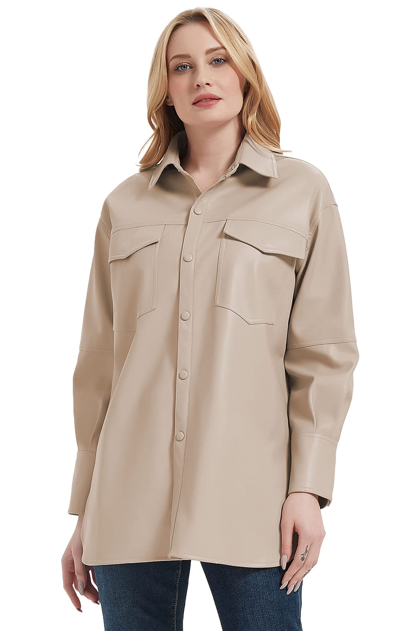 Women's Vegan Leather Shacket, Beige