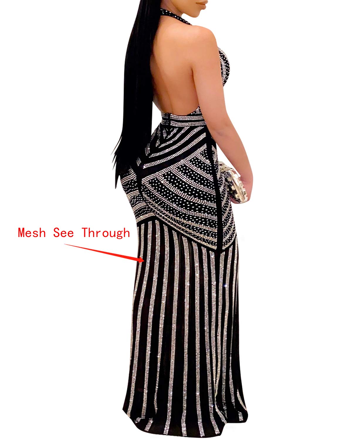 Deep V-Neck Backless Rhinestone Evening Dress (Black) - The Superstacks