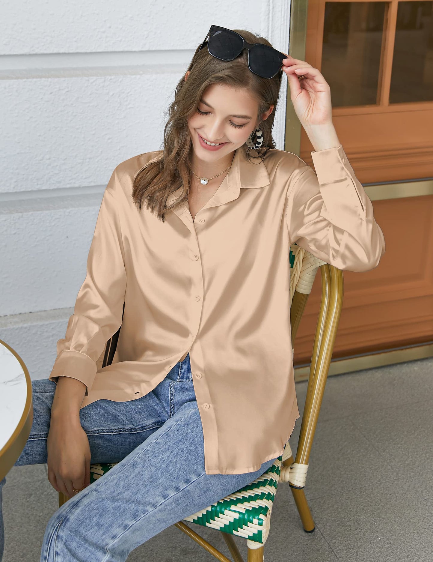 Light Khaki Silk Button-Down Business Blouse