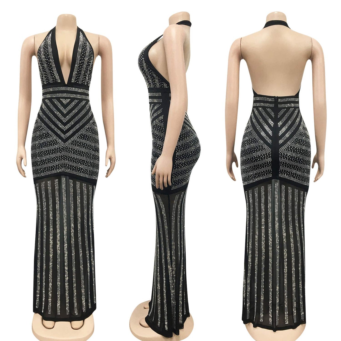 Deep V-Neck Backless Rhinestone Evening Dress (Black) - The Superstacks