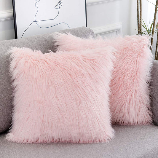 Valentine's Day Set of 2 Pink Fluffy Pillow Covers - Merino Style Faux Fur