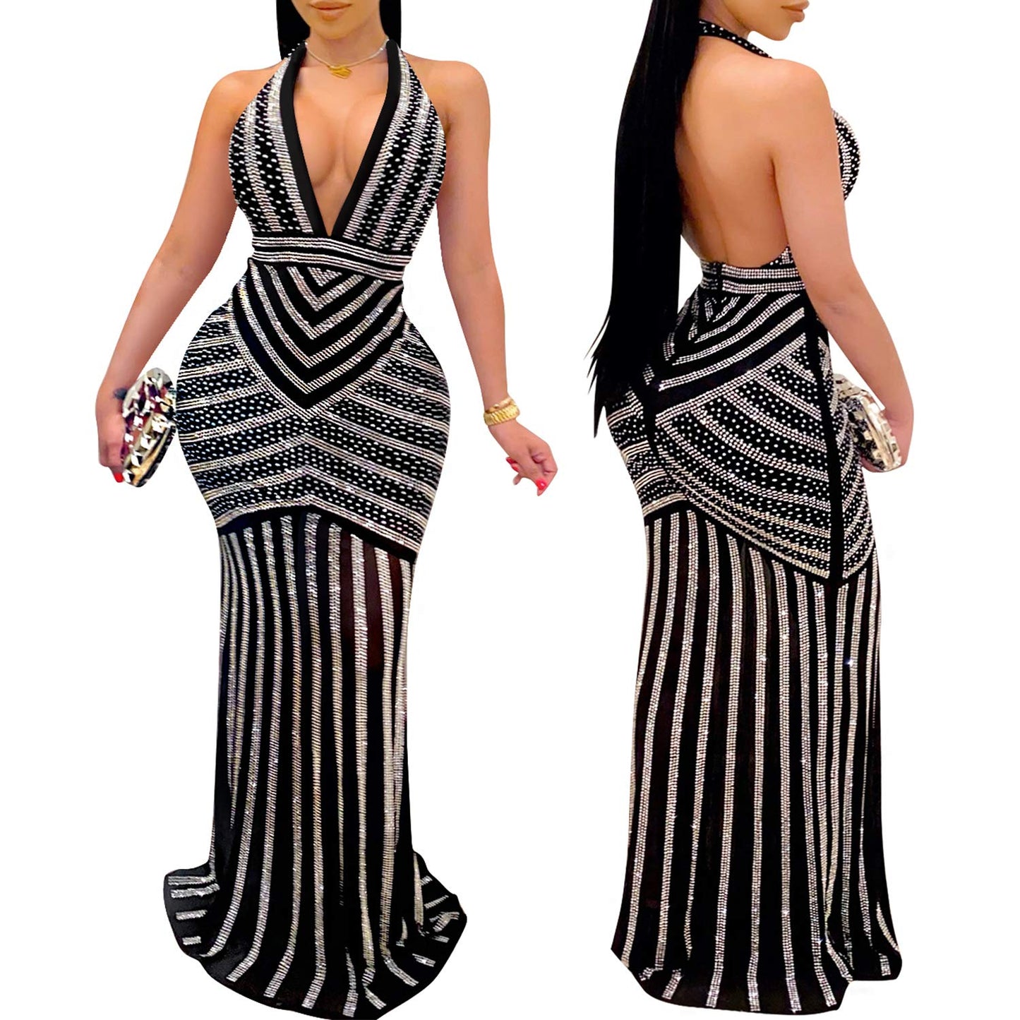 Deep V-Neck Backless Rhinestone Evening Dress (Black) - The Superstacks