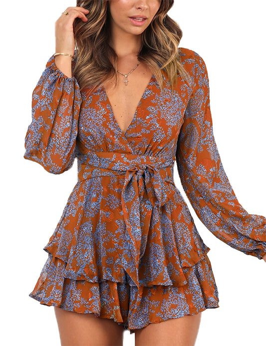 Floral Print V-Neck Romper with Ruffle Hem