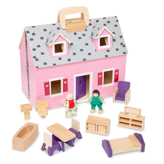 Portable Wooden Dollhouse with 2 Dolls & Furniture