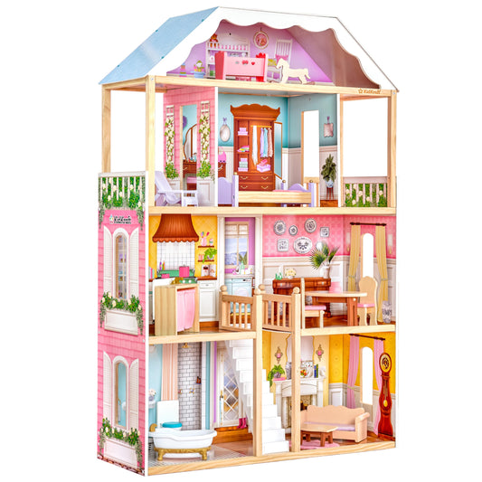 Classic Wooden Dollhouse with 14-Piece Accessory Set